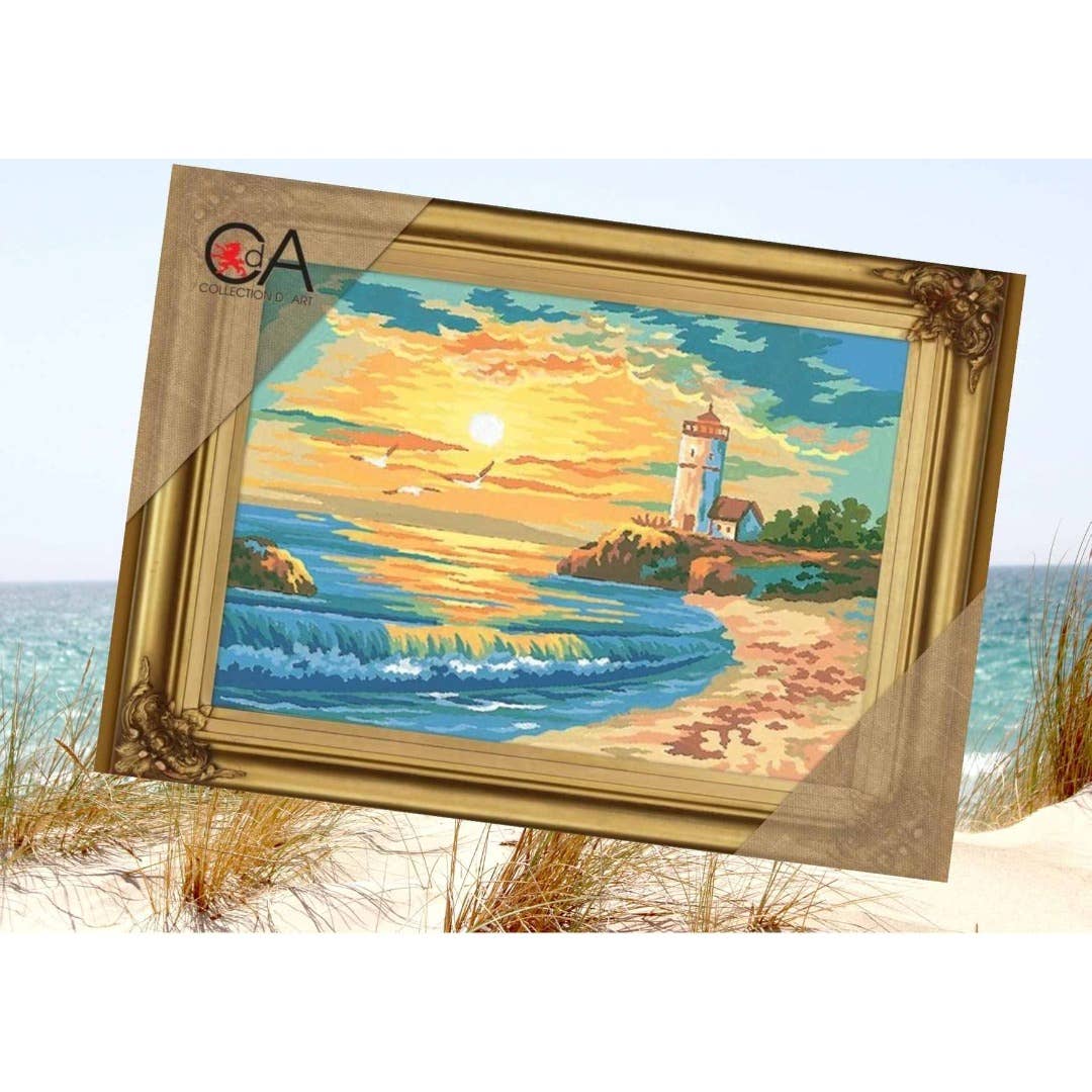 Påtegnet Broderi "Fyrtårn i Solnedgang"