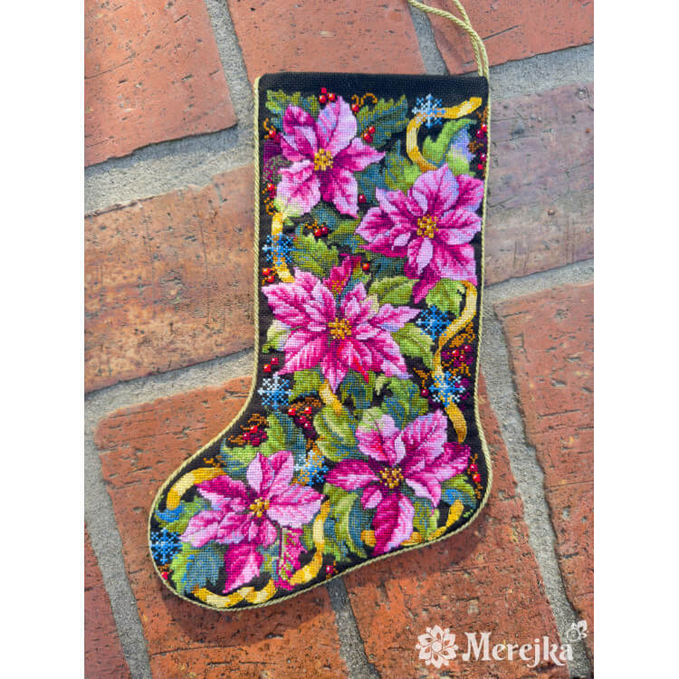 Broderipakke Julestrømpe "Pink Poinsettia Christmas Stocking"