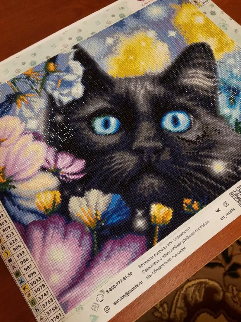 Diamond Painting "Black cat in the flowers", 40 x 30 cm